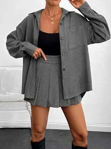 Corduroy Shirt Pleated Skirt Two Pieces Set - Grey - View 8