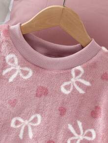 Genkimix Kids 2pcs Girls Bow & Heart Print Fleece Long Sleeve Top And Pants Casual Comfortable Pajama Set Soft Pajama Set Long Sleeve Pajama Sets For Teen Girls Teen Girls Loungewear Set Pj Sets Teen Tween Pjs Set Fall Winter