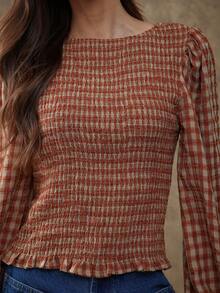 WESTFADE Smocked Boatneck Long Puff Sleeve Ruffle Hem Fitted Embroidered Plaid Top Fall, Autumn, Winter, Boho, Casual, Cute, Western Wear, Country - Orange - View 6