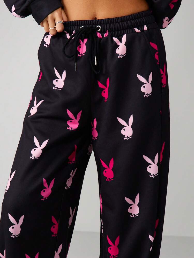 Missguided x Playboy Weite Hose mit Hasen-Muster für Damen, lässige Loungewear Pyjama-Hose