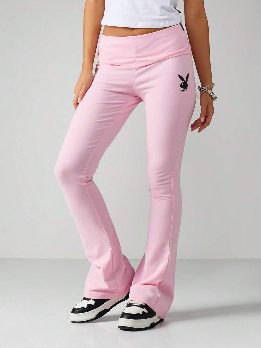Missguided x Playboy 高腰喇叭裤，带刺绣兔子标志和钻石细节 - 粉色 - 查看 1