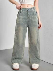 SHEIN Tween Girls Y2K 风格水洗蓝色宽松休闲牛仔裤，带有俏皮心形刺绣，适合日常穿着 - 淺色水洗藍 - 查看 5