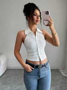 INAWLY Sexy Fitted Halter Neck Ruffle Front Cropped Tank Top For Women - White - View 1
