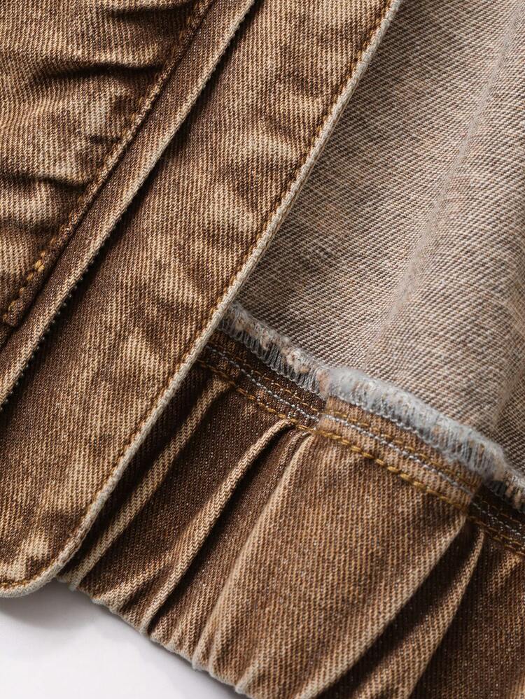 Men's Solid Brown Washed Vintage Denim Jacket, Autumn