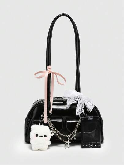 Kawaii Sac à bandoulière vintage et mignon pour femmes avec nœud papillon, décoration de cerises et de cœurs. Sac Boston à plusieurs poches, convient pour l'école, la rue et le style japonais pour femmes