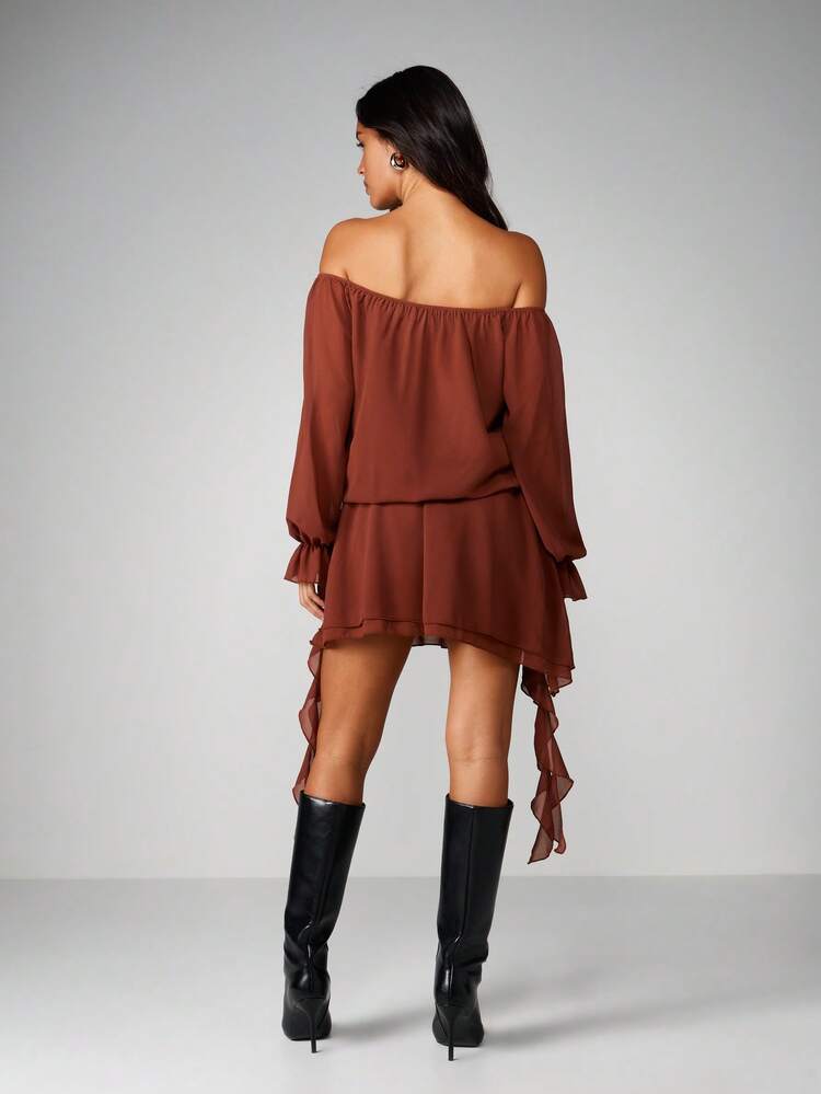 MISSGUIDED Off Shoulder Mini Dress With Tie Detail Long Sleeves Ruched Waist Boho Flowing Chiffon Style Fall Winter