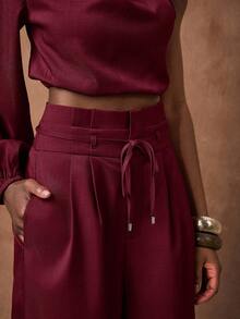 Zivah Women's Burgundy Autumn Elegant Two Pieces Set,One-Shoulder Swing Collar Long-Sleeved Short Shirt & High-Waisted Wide-Leg Pants,Dinner Date Outfit - Burgundy - View 7
