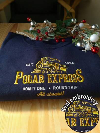 INAWLY Women's Round-Neck Loose Fleece Long-Sleeved Polar Express Embroidered Sweatshirt, Casual For Autumn/Winter, Christmas