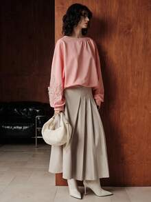 Uhlyne 女式花卉串珠亮片装饰宽松圆领长袖运动衫，秋冬 - 粉色 - 查看 5