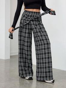 SHEIN Tall Fall Clothes For Women Going Out Streetwear Plaid Woven Tie-Waist Wide Leg Loose Casual Pants Plaid Pants Checkered Pants