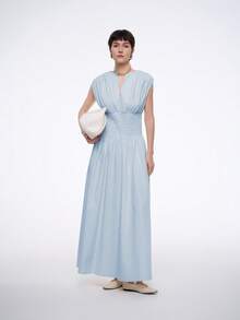 Aalyst Women's Solid Color Casual Elegant High-End V-Neck Sleeveless Cotton Dress, Comfortable For Commuting, Spring/Summer - Baby Blue - View 3