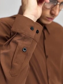 Officeau Men's Solid Color Long Sleeve Single-Breasted Casual Commuter Shirt, Basic Long Sleeve Business Shirt, Casual Business Formal Shirt, Fall Old Money Men's Dress Shirt Spring To Summer - Brown - View 9