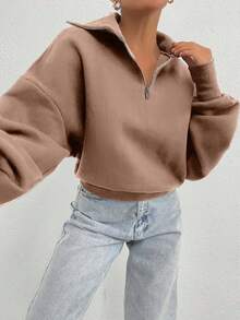 EURMUSE 100% Cotton Collar With Zipper Pattern Oversize Sweatshirt - Beige - View 3