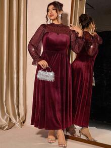 Cravure Gaun Wanita Ukuran Besar Elegan dari Beludru Jala dengan Lengan Mengembang, Pinggang Terikat, Cocok untuk Pesta Musim Gugur - Burgundy - View 6