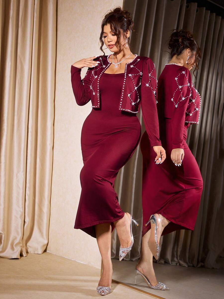 Cravure Bộ 2 món áo len dài tay dệt kim màu đỏ rượu vang lãng mạn, trang nhã, bất đối xứng, đính hạt, trang trí cỡ lớn dành cho nữ - Màu Đỏ Sâu - Xem 1