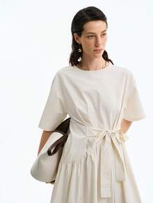 Aalyst Váy ngắn tay thắt lưng bằng cotton tối giản màu trơn dành cho nữ - Màu be - Xem 5