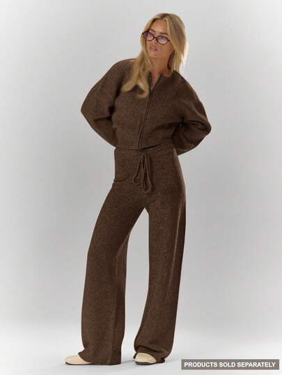 MUSERA 超大罗纹针织刺绣细节阔腿裤（仅裤腿部分）舒适可爱休闲，适合咖啡馆、俱乐部、晚宴、派对等场合，优雅百搭。