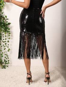 Glisette Women's Fashionable Party Sequin Tassel Hem Mini Skirt - Black - View 2