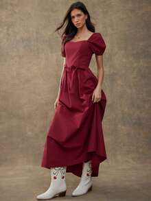 WESTFADE V Neck Drop Waist Floral Eyelet Bow Front Smocked Back Short Puff Sleeve Fit & Flare A Line 100% Cotton Midi Dress Fall, Autumn, Winter - Red - View 1