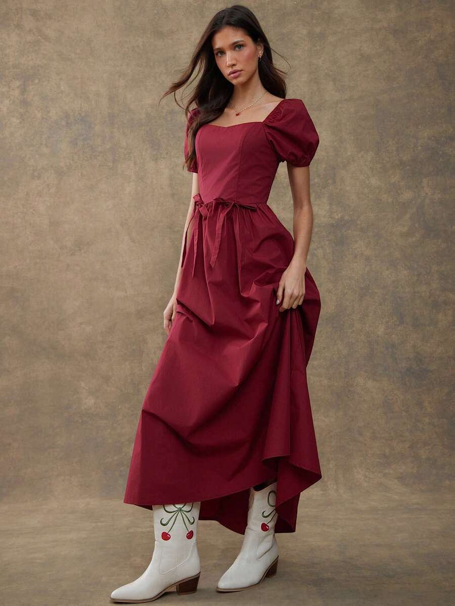 WESTFADE V Neck Drop Waist Floral Eyelet Bow Front Smocked Back Short Puff Sleeve Fit & Flare A Line 100% Cotton Midi Dress Fall, Autumn, Winter - Red - View 1