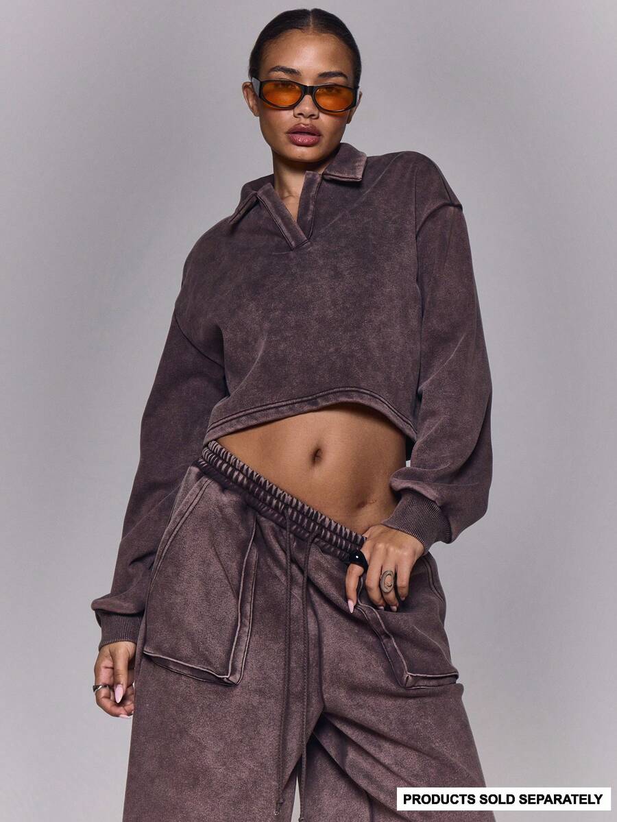 MUSERA Collard Boxy Cropped Sweatshirt Winter Going Out Everyday Night Out Casual Cool Streetwear Washed - Coffee Brown - View 1