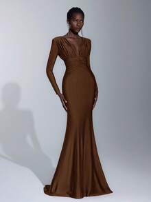 优雅、浪漫、性感、简约、梅红色、有弹性、深 V 领、长袖、鱼尾下摆、时尚、网红风格、适合节日、度假、生日派对、婚礼、伴娘礼服 - 棕色 - 查看 7