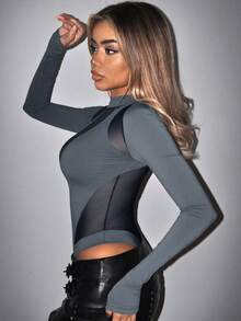 SHEIN ICON Bộ đồ liền thân Bikercore Contrast Mesh Black Mock Neck Slim Fit - Màu xám đen - Xem 4