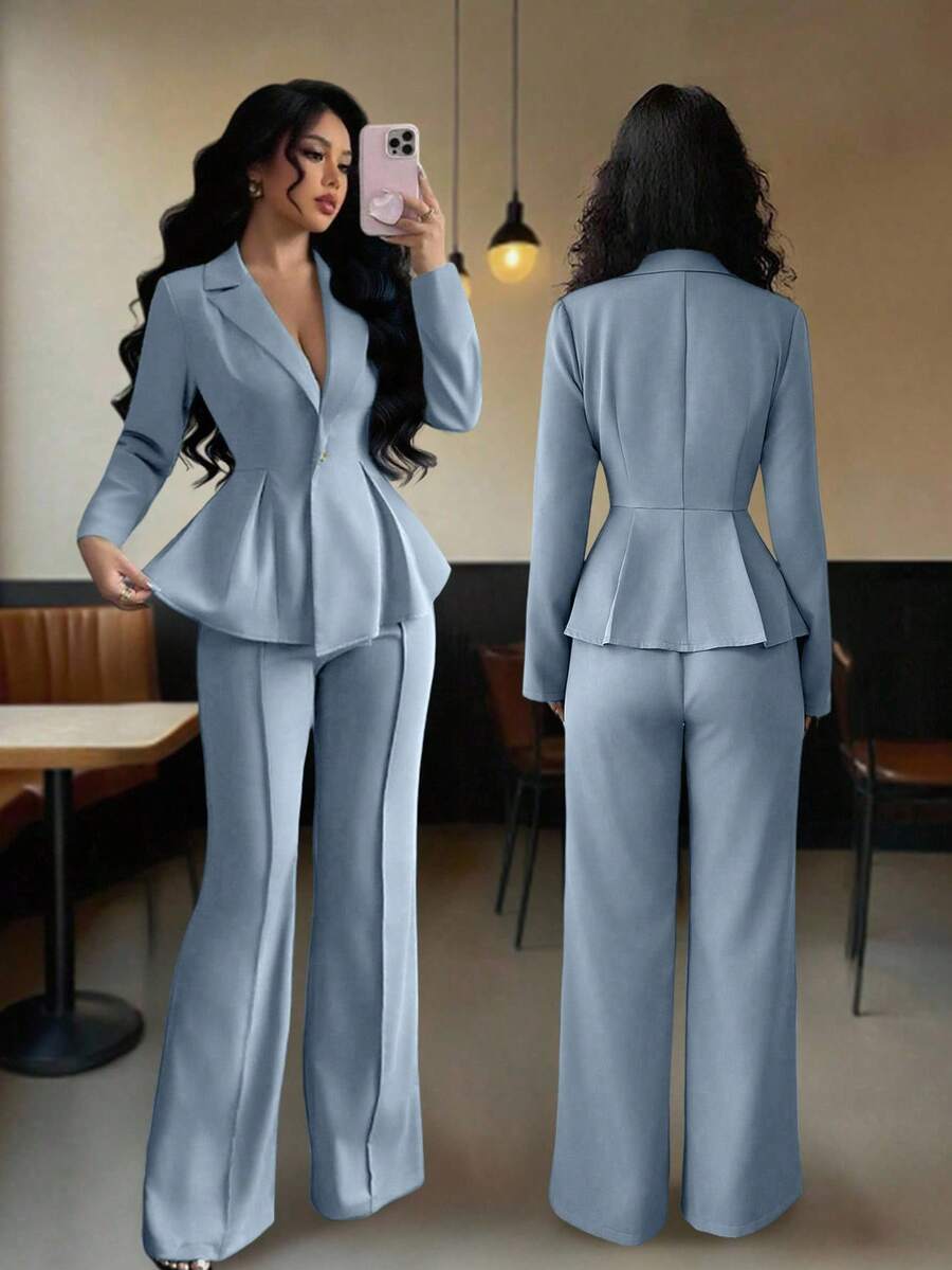 Elenzga 优雅束腰套装，时尚通勤喇叭裤，适合节日、约会、独立日、女教师装 - 淺藍色 - 查看 1