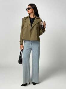 SHEIN Tall 女款短版鈕扣翻領雨衣 英式時尚卡其色正裝下擺風衣 長袖 秋冬日常舒適穿著 卡其色上衣外套 女款休閒夾克 夏季寬鬆短版夾克 高個子女性適用 - 軍綠色 - 查看 5