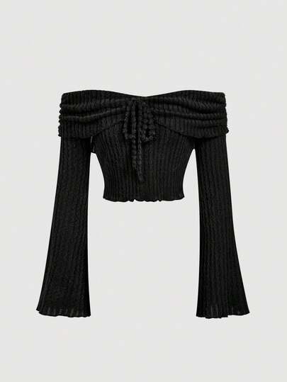 SHEIN MOD 女式休闲纯色露肩喇叭袖T恤