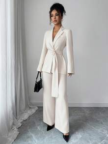 SHEIN Elenzya Bộ vest 2 món thanh lịch & tinh tế cho nữ đi làm văn phòng mùa thu/đông: Áo khoác blazer tay dài có họa tiết kim loại + Quần ống rộng, màu nâu - Màu be - Xem 5