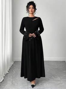 Elenzga Plus Size Elegant Rhinestone Decor Hollow Out Long Sleeve Dress - Black - View 3