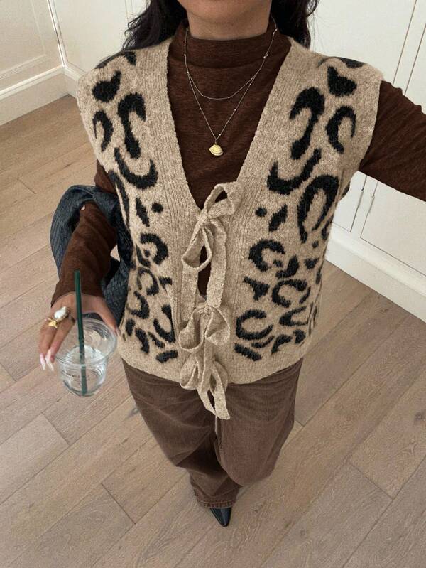 Siren Gaze Gilet tricoté à imprimé léopard col V pour femmes, pull sans manches en laine tricotée avec bordure contrastée, porter décontracté au quotidien, FW25, navette, minimaliste, bureau, vintage, simple, automne/hiver