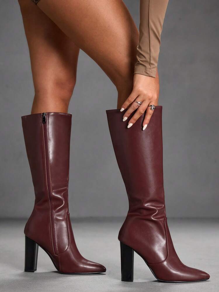 CUCCOO SZL Elegant High-Quality Sexy Burgundy High Boots, Pointed Toe Chunky Heel Stylish Women's Boots, Fashionable Versatile New Long Boots, Showcasing Feminine Charm And Elegant