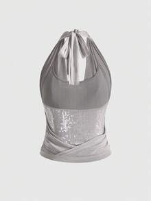 ROMWE Avant Áo yếm hở lưng cổ khoét sâu đính sequin Y3K (có lót áo hai dây), phong cách đường phố - Xám - Xem 3