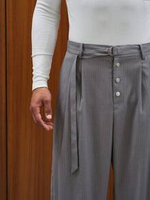 TOKVUE Men's Button Front Striped Pleated Wide Leg Loose Casual Pants - smoke gray - View 6