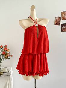 Soleia Vestido mini con escote halter y espalda descubierta de unicolor y sexy, para vacaciones - Naranja - Ver 5