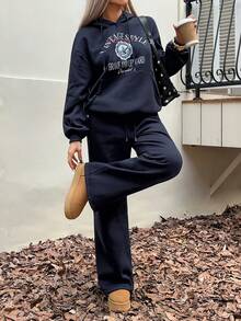 DAZY Women's Letter Print Drop Shoulder Long Sleeve Hoodie With Pocket & Drawstring, Casual 2 Pieces Set, Autumn/Winter