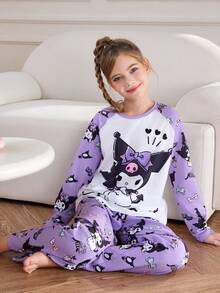 HELLO KITTY AND FRIENDS | SHEIN 2件組 青少年女孩可愛卡通圖案圓領插肩袖上衣與寬鬆長褲休閒睡衣套裝 紫色套裝 3件組 - 彩色 - 查看 4