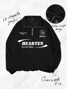 Attitoon Women's Casual Loose Letter Print Pullover, Half Zip , Suitable For Autumn And Winter - Black - View 9