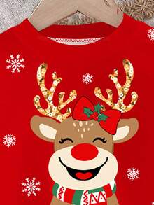 SHEIN Happikins 2pcs/Set Young Girl Casual "Merry Christmas" Cute Cartoon Reindeer & Snowflake Print Red Festive Crew Neck Long Sleeve Sweatshirt And Leggings, Suitable For Autumn/Winter - Multicolor - View 4