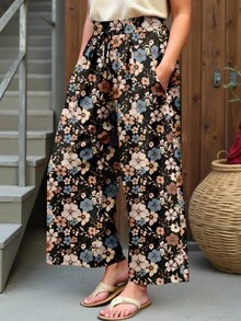 Mellowie Pantalones casuales holgados con estampado floral, cintura alta y cordones, talla grande, para mujer, de verano