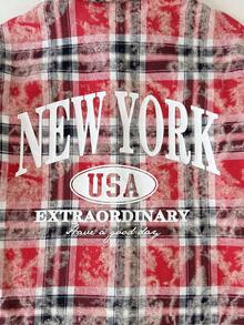SHEIN Tween Girls Red Plaid Long Polyester Shirt Blouse With Drop Shoulder Sleeves And Asymmetrical Hem Everyday Casual Style Blouse - Red - View 7