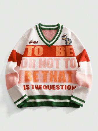 Street Life Men's Preppy Crew Neck Colorful Letter Jacquard Knit Sweater, Street Fashion