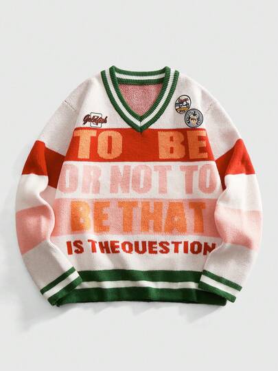 Street Life Men's Preppy Crew Neck Colorful Letter Jacquard Knit Sweater, Street Fashion