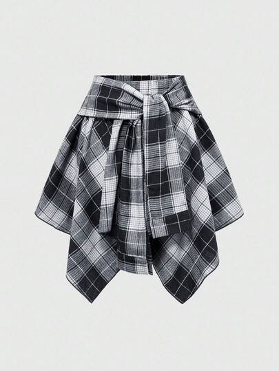 Grunge Punk Women's Kpop Grunge Vintage Plaid Lace-Up Asymmetric Layered Skirt