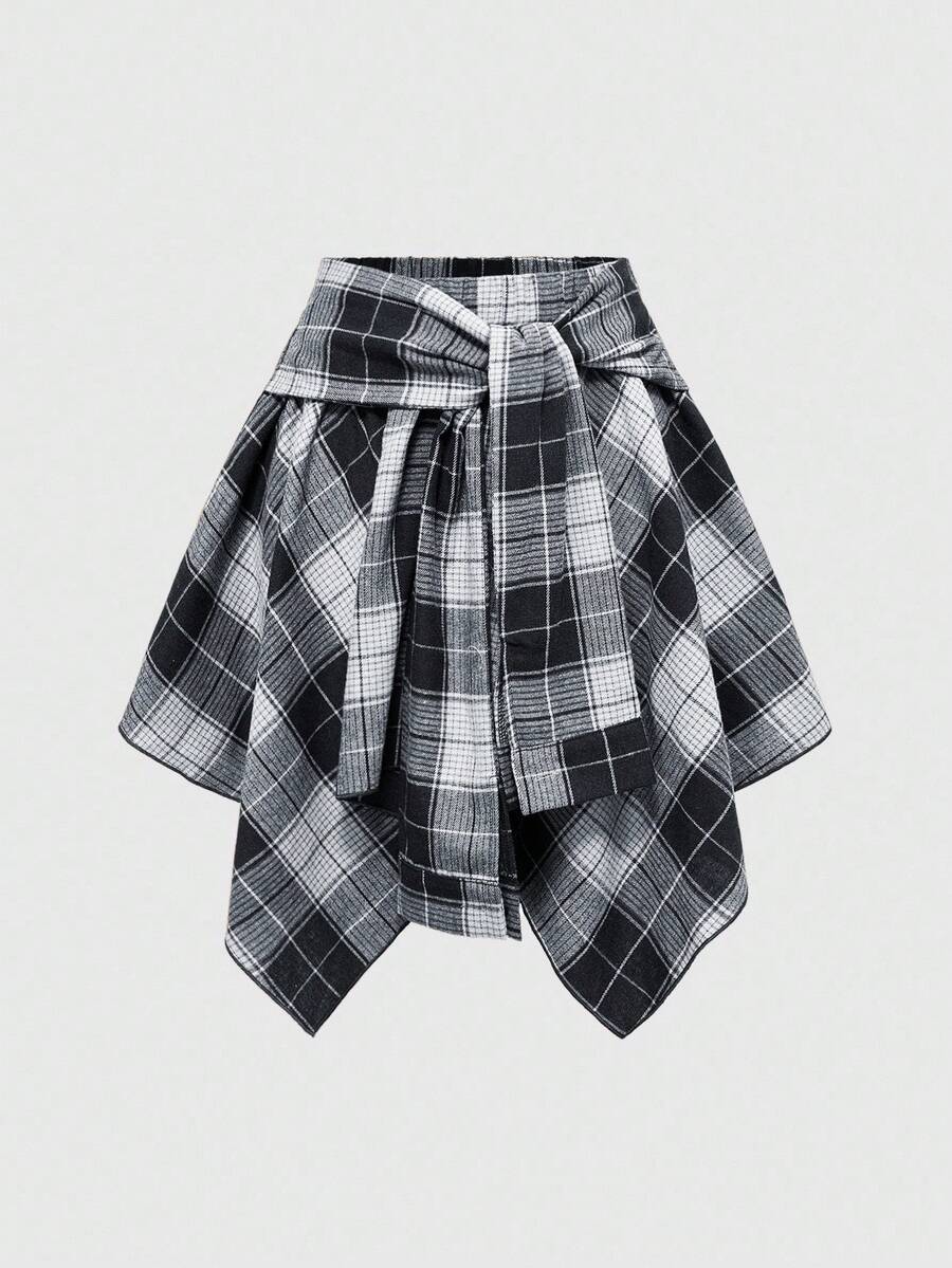 ROMWE Grunge Punk 女式韩流复古格子系带不对称层叠半身裙 - 黑色 - 查看 1