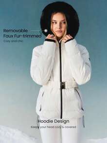 GLOWMODE Skidkollektion Backsidan Andningsbar Vattenavvisande Tjock Slitstark Avtagbar Fuskpälskant Huva Dragkedjor Fickor Avslappnad Passform Bältad Pufferjacka Höst Vinter Friluftsliv Skidkläder - Gräddvit - Visa 7