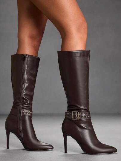 CUCCOO SZL Botas de mujer de alta calidad para otoño/invierno con hebilla, de estilo personalizado en color marrón, con puntera puntiaguda, tacón ancho, elegantes y versátiles de nuevo estilo que muestran el encanto femenino y la elegancia