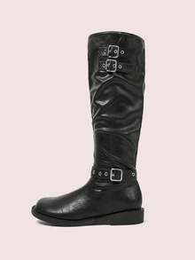 CUCCOO DOLLMOD Botas de media caña para mujer con puntera redonda y hebilla de metal, color negro clásico - Negro - Ver 2